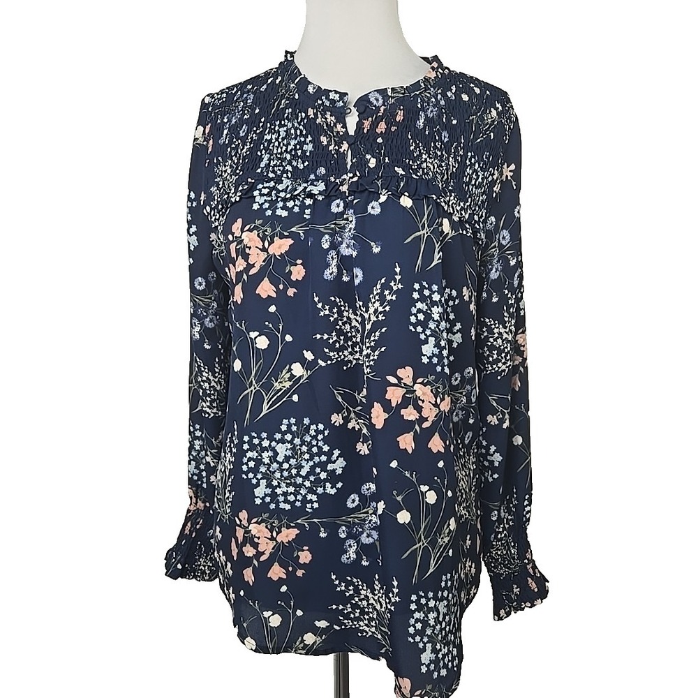 Westport Blue Floral Smocked Chiffon Long Sleeve Blouse Top Medium M